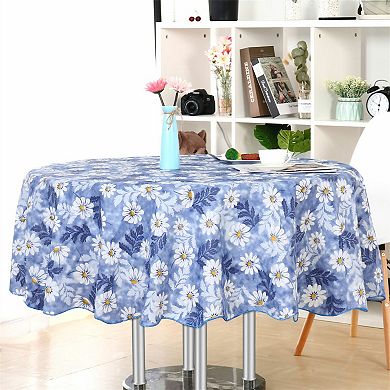 Vinyl House Tablecloth Round Tables 60" Dia Blue Flower Pattern Waterproof