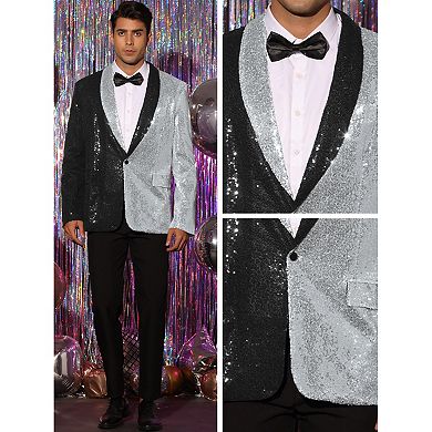 Sequin Blazer For Men's Shawl Lapel Party Disco Shinny Color Block Sports Coats
