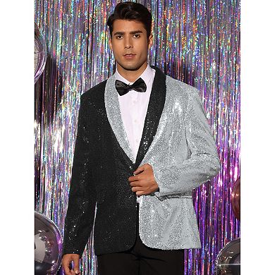 Sequin Blazer For Men's Shawl Lapel Party Disco Shinny Color Block Sports Coats