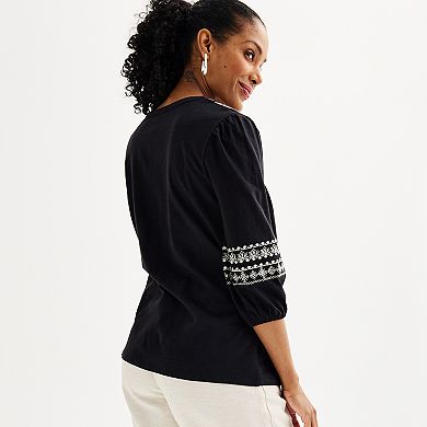 Women's Croft & Barrow 3/4-Sleeve Embroidered Top