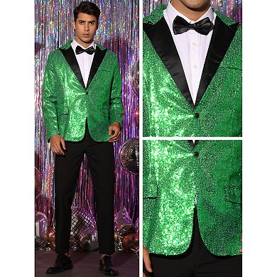 Sequin Blazer For Men's Peak Lapel Color Block Shiny Sparkle Sports Coat