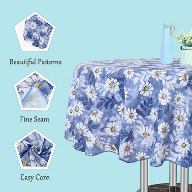 Vinyl Home Tablecloth Round Tables 71" Dia Blue Flower Pattern Waterproof