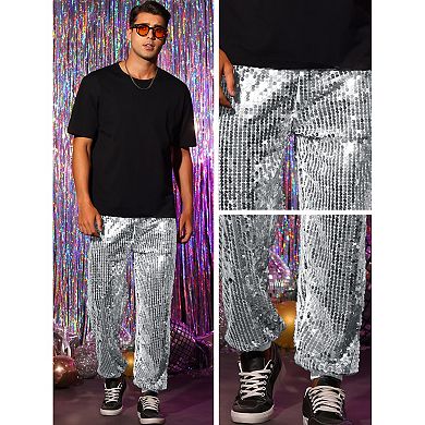 Sequin Pants For Men's Sparkly Disco Costume Elastic Waist Shiny Metallic Joggers