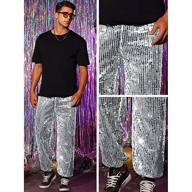 Sequin Pants For Men's Sparkly Disco Costume Elastic Waist Shiny Metallic Joggers