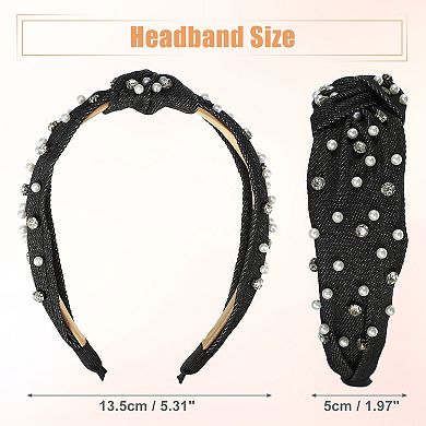 Pearly Rhinestones Crystal Knotted Women Headband Classic Black 5.31"x1.97"