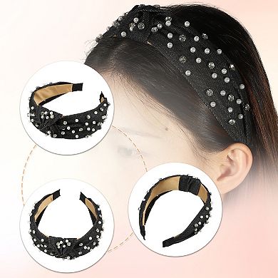 Pearly Rhinestones Crystal Knotted Women Headband Classic Black 5.31"x1.97"