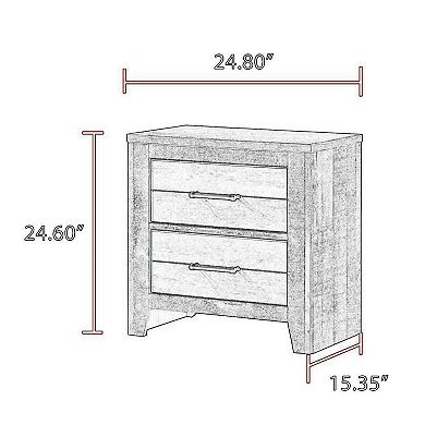 Yaz 25 Inch Modern 2 Drawer Nightstand, Bar Metal Handles, White and Gray