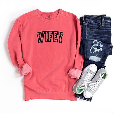 Embroidered Wifey Arched Varsity Garment Dyed Sweatshirt