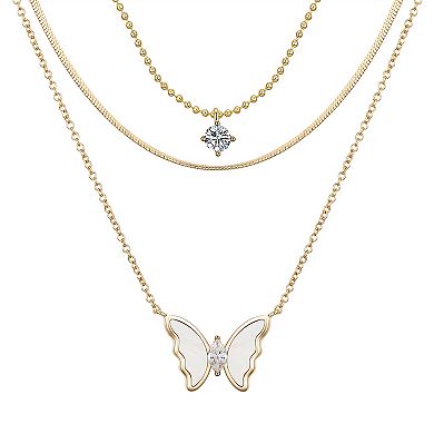 Isla & Alex Gold Tone Cubic Zirconia & Mother of Pearl Butterfly Layered Necklace Set