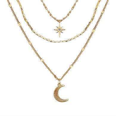 Isla & Alex Gold Tone Cubic Zirconia Star Moon Layered Pendant Necklace Set