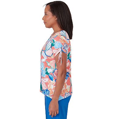 Women's Alfred Dunner Whimsical Pastel Floral Print Short Side Tie Sleeve Top