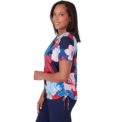 Petite Alfred Dunner Dramatic Flower Print Ruched Short Sleeve Top