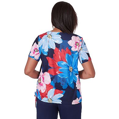 Petite Alfred Dunner Dramatic Flower Print Ruched Short Sleeve Top