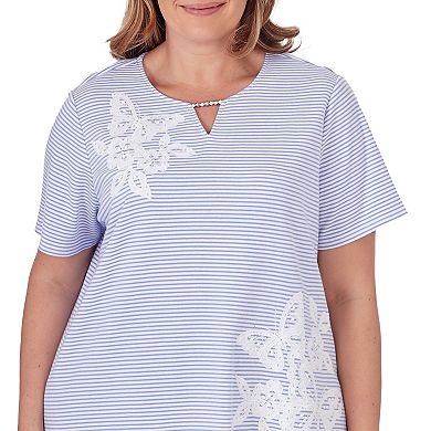 Plus Size Alfred Dunner Mini Stripe Butterfly Lace Embroidery Short Sleeve Beadneck Top
