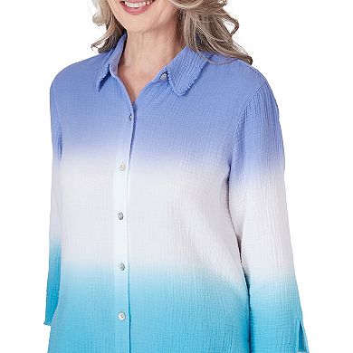 Petite Alfred Dunner Ombre Dip Dye Button Down 3/4-Sleeve Blouse