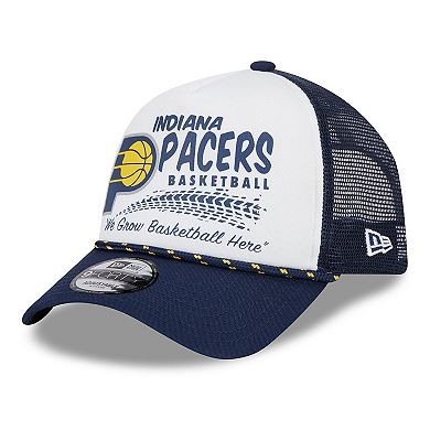 Men's New Era White/Navy Indiana Pacers 2024 NBA All-Star Game Burnout Print A-Frame 9FORTY Trucker Hat