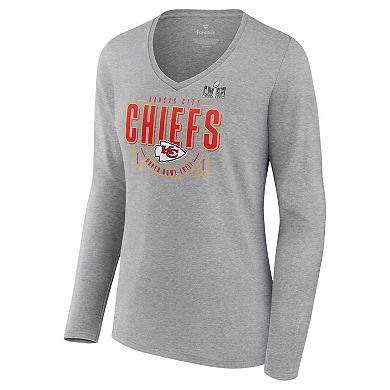 Women's Fanatics Branded  Heather Gray Kansas City Chiefs Super Bowl LVIII Quick Pass Long Sleeve V-Neck T-Shirt