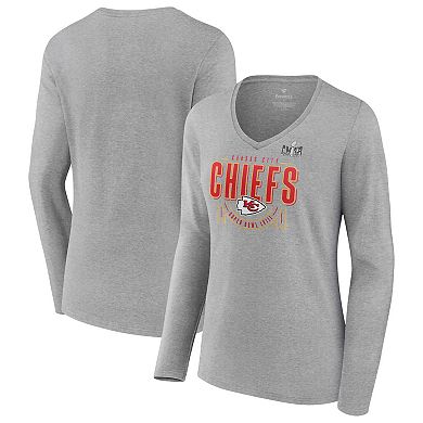 Women's Fanatics Branded  Heather Gray Kansas City Chiefs Super Bowl LVIII Quick Pass Long Sleeve V-Neck T-Shirt