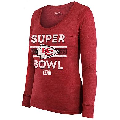 Women's Majestic Threads  Red Kansas City Chiefs Super Bowl LVIII Make It Happen Tri-Blend Long Sleeve Scoop Neck T-Shirt