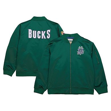 Men's Mitchell & Ness Green Milwaukee Bucks Hardwood Classics Vintage Logo Full-Zip Bomber Jacket