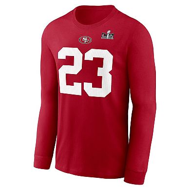 Men's Nike Christian McCaffrey Scarlet San Francisco 49ers Super Bowl LVIII Patch Player Name & Number Long Sleeve T-Shirt