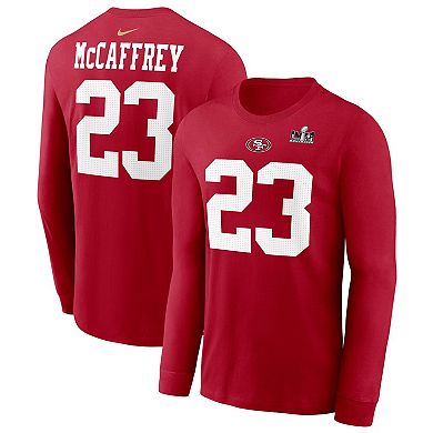 Men's Nike Christian McCaffrey Scarlet San Francisco 49ers Super Bowl LVIII Patch Player Name & Number Long Sleeve T-Shirt