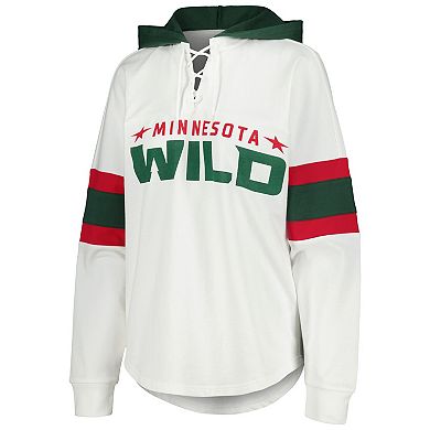 Women's G-III 4Her by Carl Banks White/Green Minnesota Wild Goal Zone Long Sleeve Lace-Up Hoodie T-Shirt