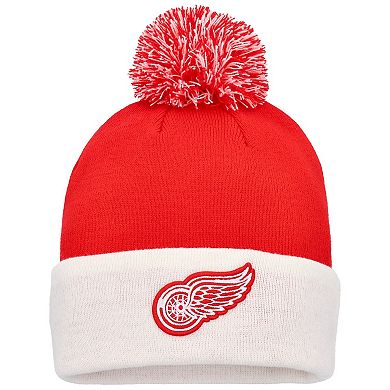 Men's adidas Red Detroit Red Wings Team Stripe Cuffed Knit Hat with Pom