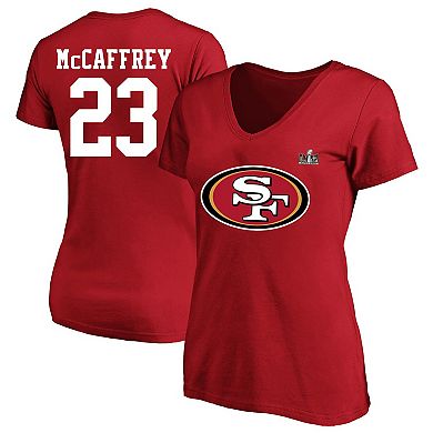 Women's Fanatics Branded Christian McCaffrey Scarlet San Francisco 49ers Super Bowl LVIII Plus Size Player Name & Number V-Neck T-Shirt