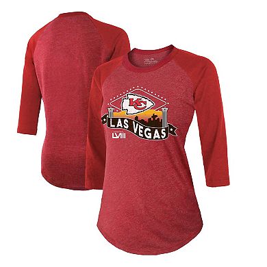 Women's Majestic Threads  Red Kansas City Chiefs Super Bowl LVIII Vegas Raglan 3/4-Sleeve Tri-Blend T-Shirt