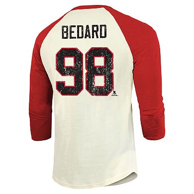Men's Majestic Threads Connor Bedard Cream/Red Chicago Blackhawks Name & Number Softhand Raglan 3/4-Sleeve T-Shirt