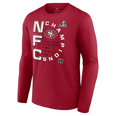 Men's Fanatics Branded Scarlet San Francisco 49ers 2023 NFC Champions Right Side Draw Long Sleeve T-Shirt