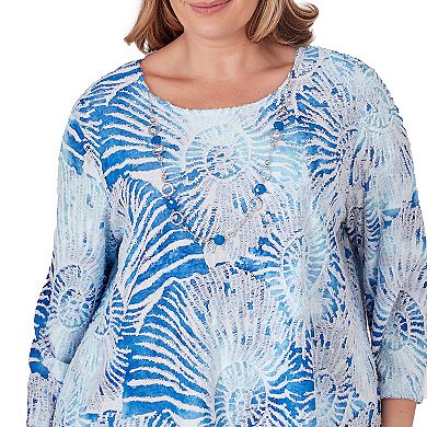 Plus Size Alfred Dunner Nautilus Seashell Print Long Sleeve Top with Necklace