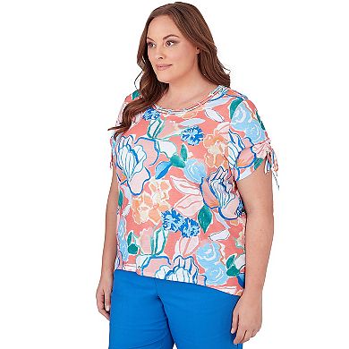 Plus Size Alfred Dunner Whimsical Pastel Floral Print Short Tie Sleeve Top