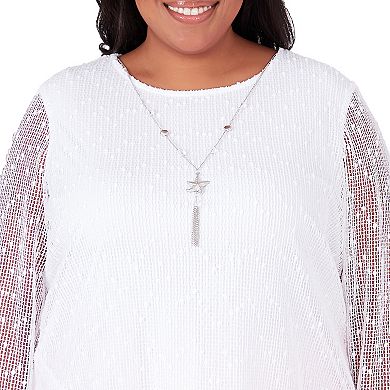 Plus Size Alfred Dunner Popcorn Mesh Layered Long Sleeve Top with Necklace