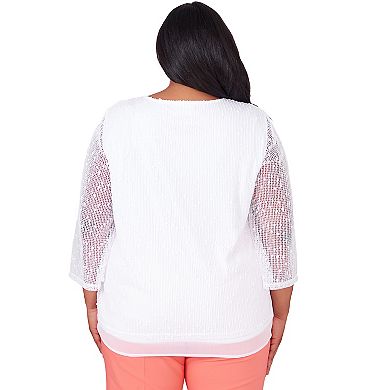 Plus Size Alfred Dunner Popcorn Mesh Layered Long Sleeve Top with Necklace