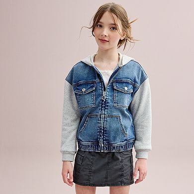 Girls 6-20 SO?? Knit Sleeve Denim Bomber Jacket