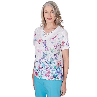 Women's Alfred Dunner Butterfly Flyaway Print Short Sleeve Laced V-Neck Top