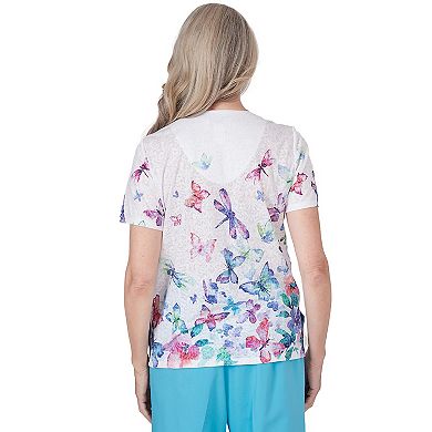 Women's Alfred Dunner Butterfly Flyaway Print Short Sleeve Laced V-Neck Top