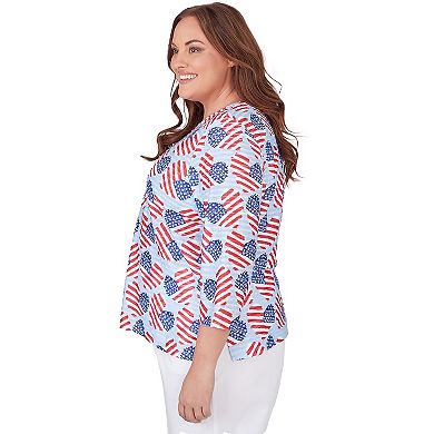 Plus Size Alfred Dunner American Flag Hearts Allover Print 3/4-Sleeve Top
