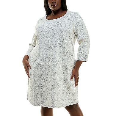Plus Size Nina Leonard Jacquard 3/4-Sleeve Trapeze Dress