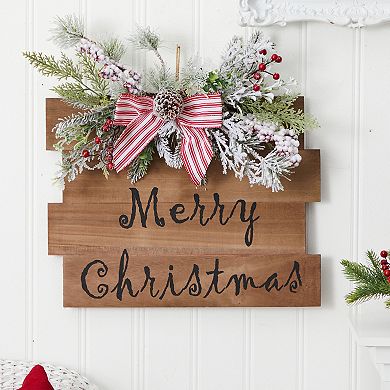 20" Holiday Merry Christmas Door Wall Hanger With Pine And Berries Stripped Bow Wall Art Decor