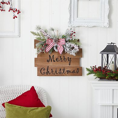 20" Holiday Merry Christmas Door Wall Hanger With Pine And Berries Stripped Bow Wall Art Decor