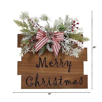 20" Holiday Merry Christmas Door Wall Hanger With Pine And Berries Stripped Bow Wall Art Decor