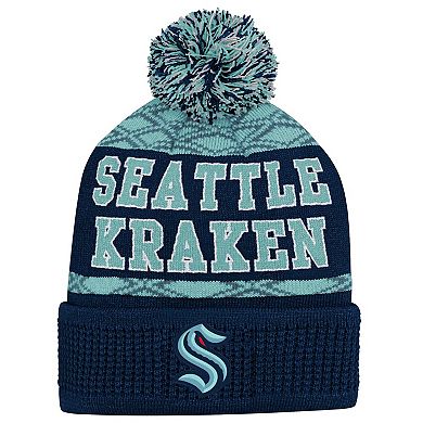 Youth Deep Sea Blue Seattle Kraken Puck Pattern Cuffed Knit Hat with Pom