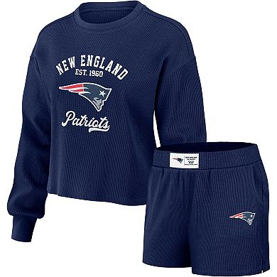 Women's WEAR by Erin Andrews Navy New England Patriots Waffle Knit Long Sleeve T-Shirt & Shorts Lounge Set
