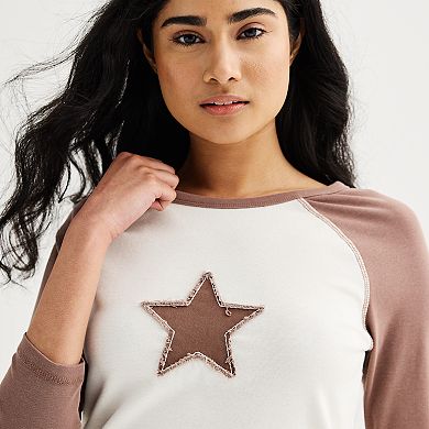 Juniors' Almost Famous 3/4 Sleeves Patch Raglan Top