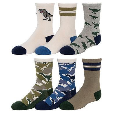 Boys 6-8.5 Dino Crew Socks 6-Pack Set