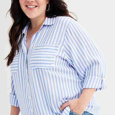 Plus Size Workshop Republic Clothing Collared Roll-Sleeve Button Front Shirt