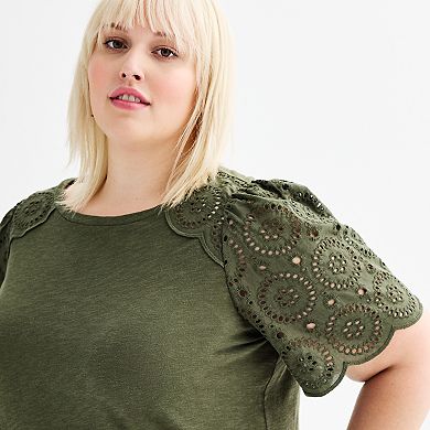 Plus Size Chelsea & Theodore Scoop Neck Short Eyelet Sleeve Top